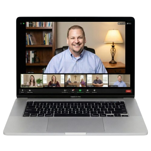 Justin Dean on a Zoom coaching call with church leaders